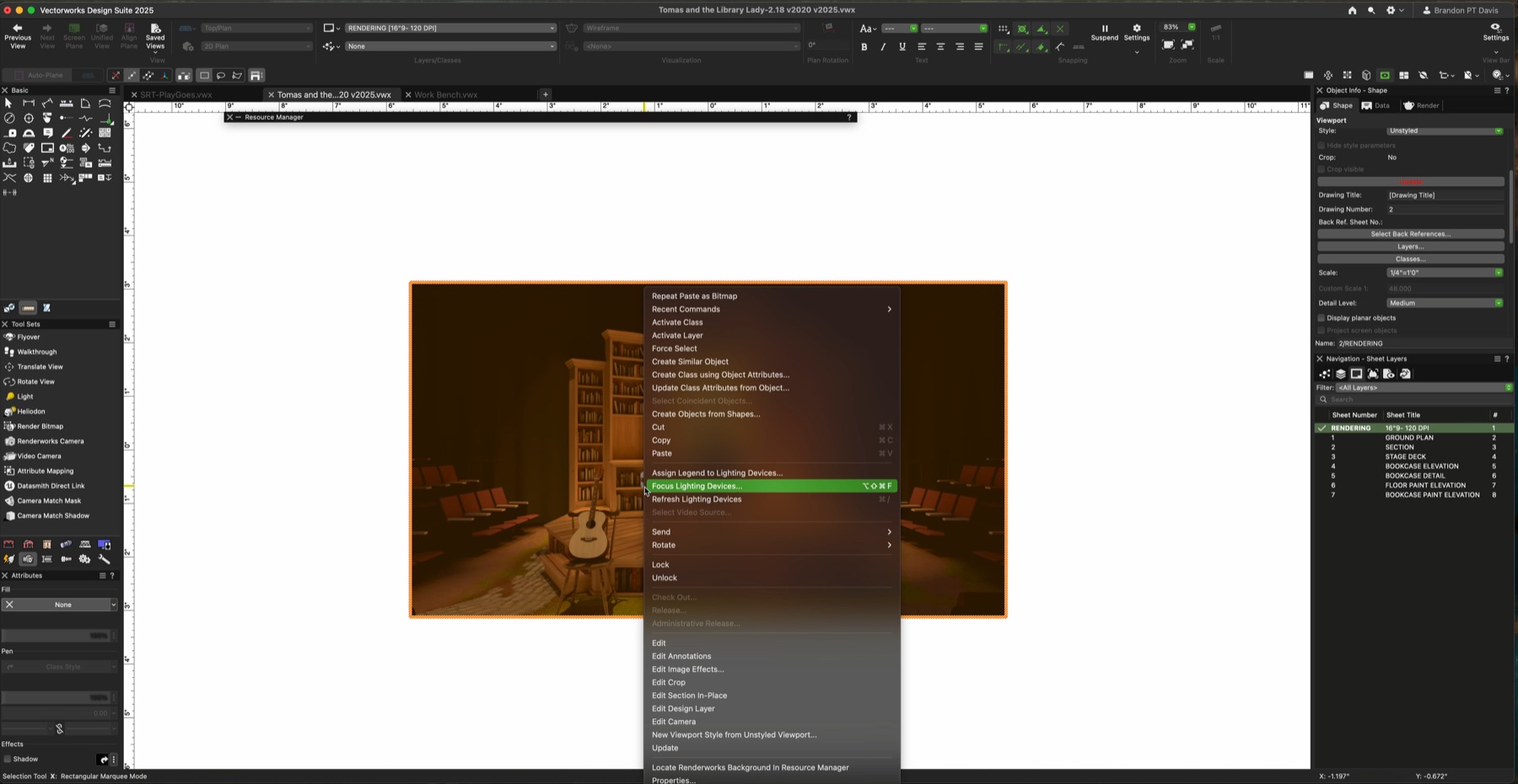 Vectorworks rendering sheet with a completed scenic rendering prepared for output.