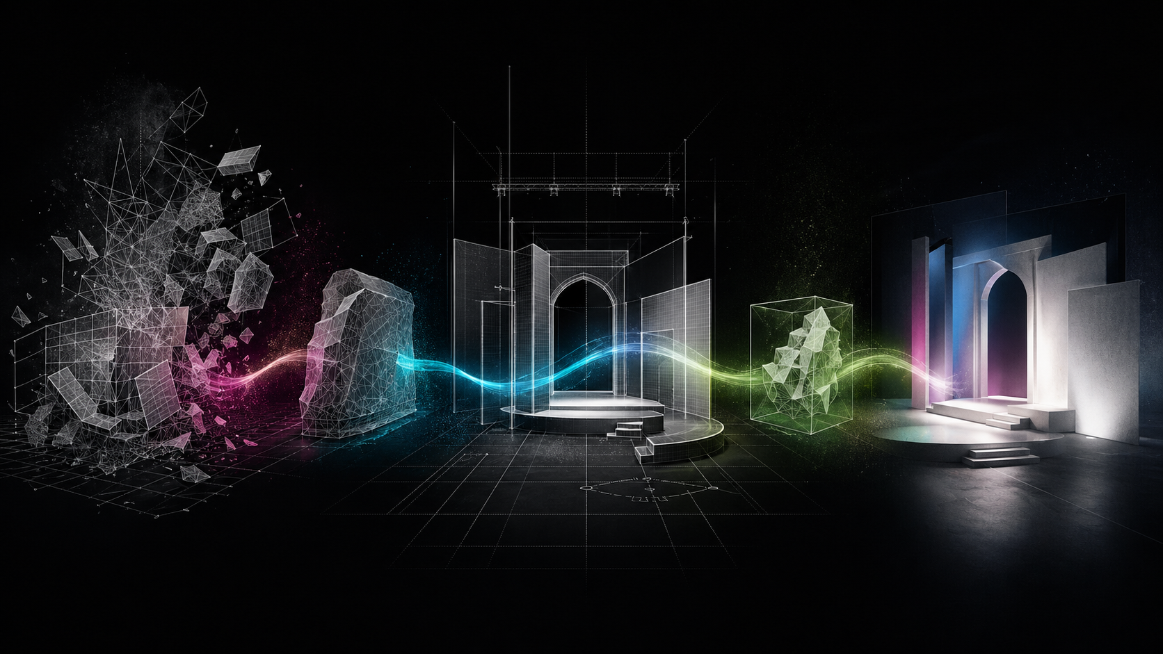 Abstract scenic rendering workflow moving from dense imported mesh geometry to a clean render-ready Vectorworks model.