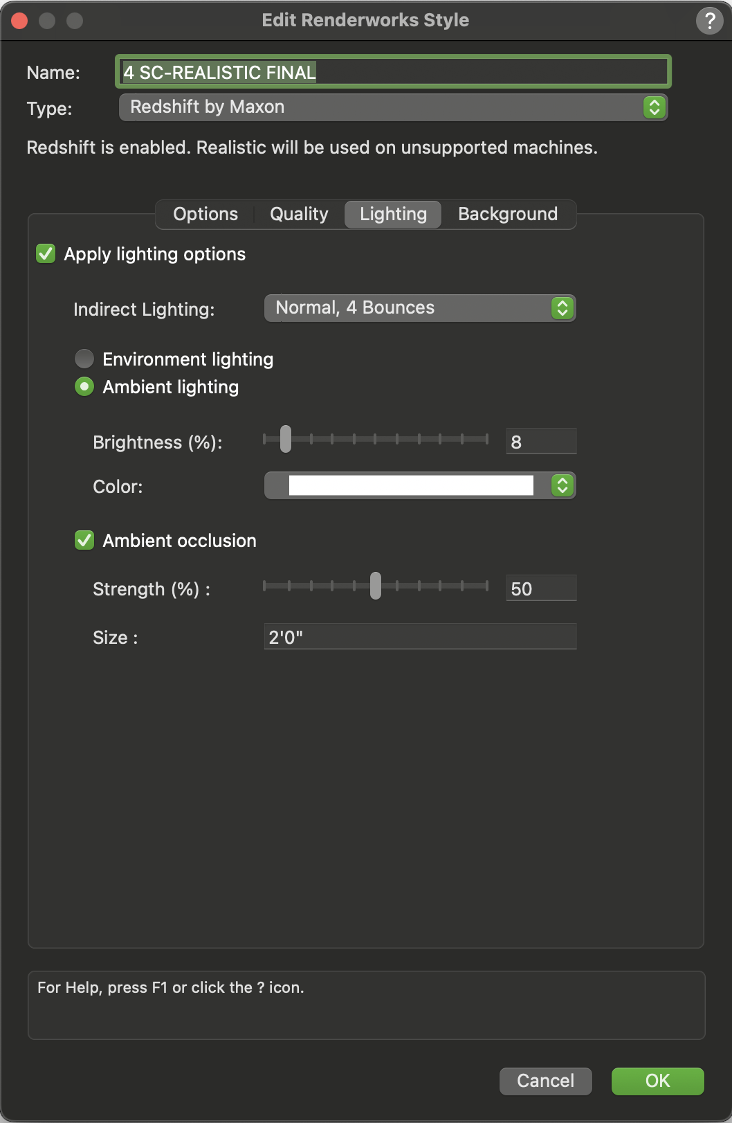 Vectorworks Edit Renderworks Style lighting tab showing indirect lighting and ambient occlusion settings.