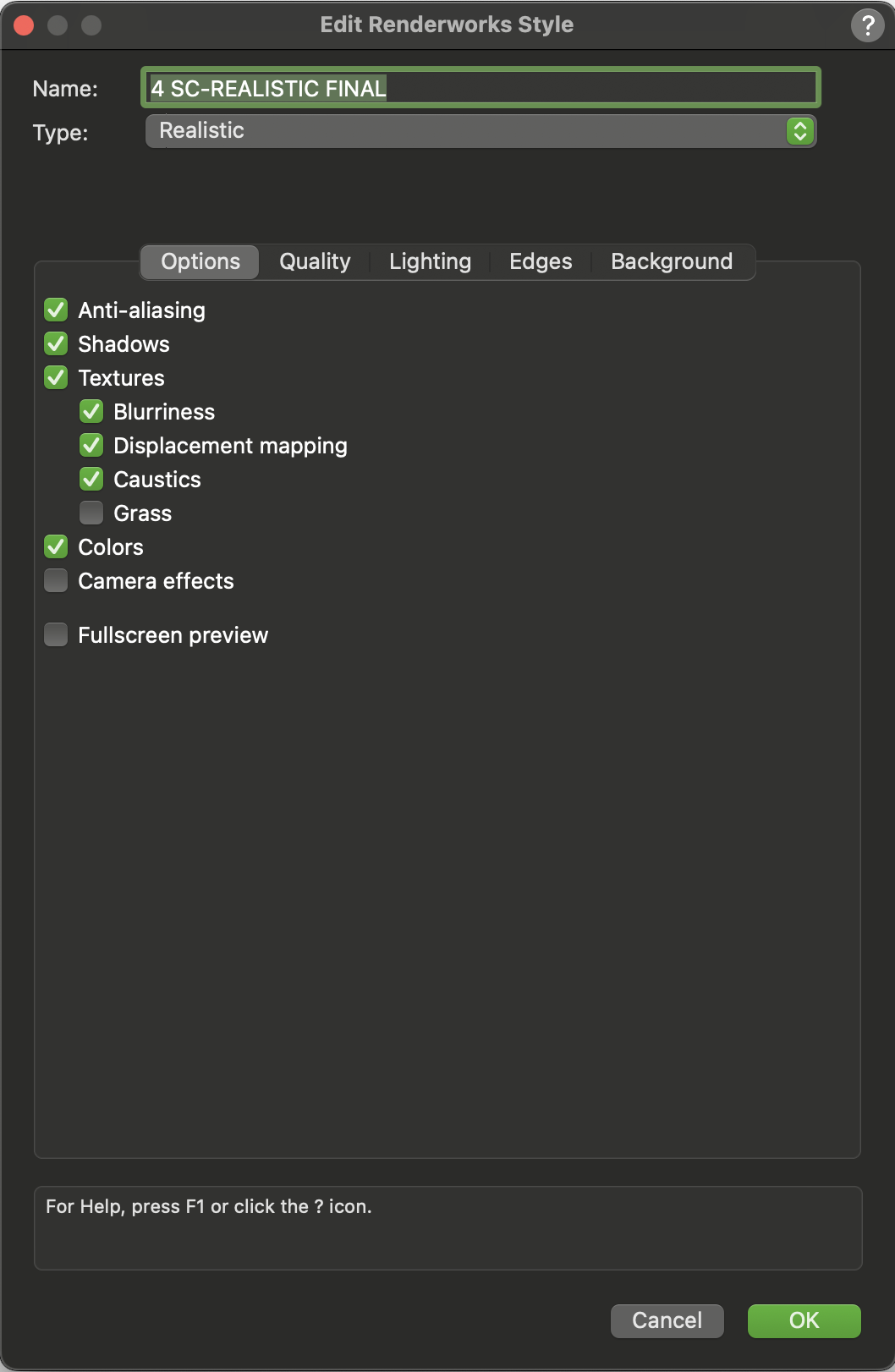 Vectorworks Edit Renderworks Style Realistic options tab.