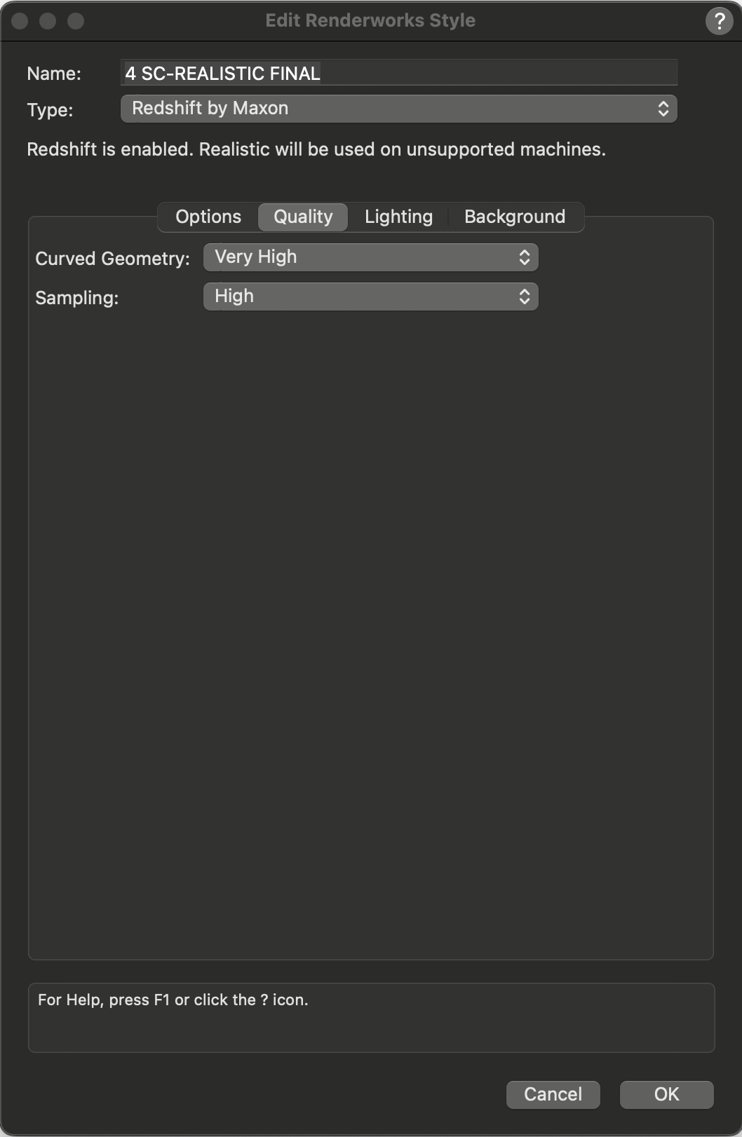 Vectorworks Edit Renderworks Style Redshift quality tab.