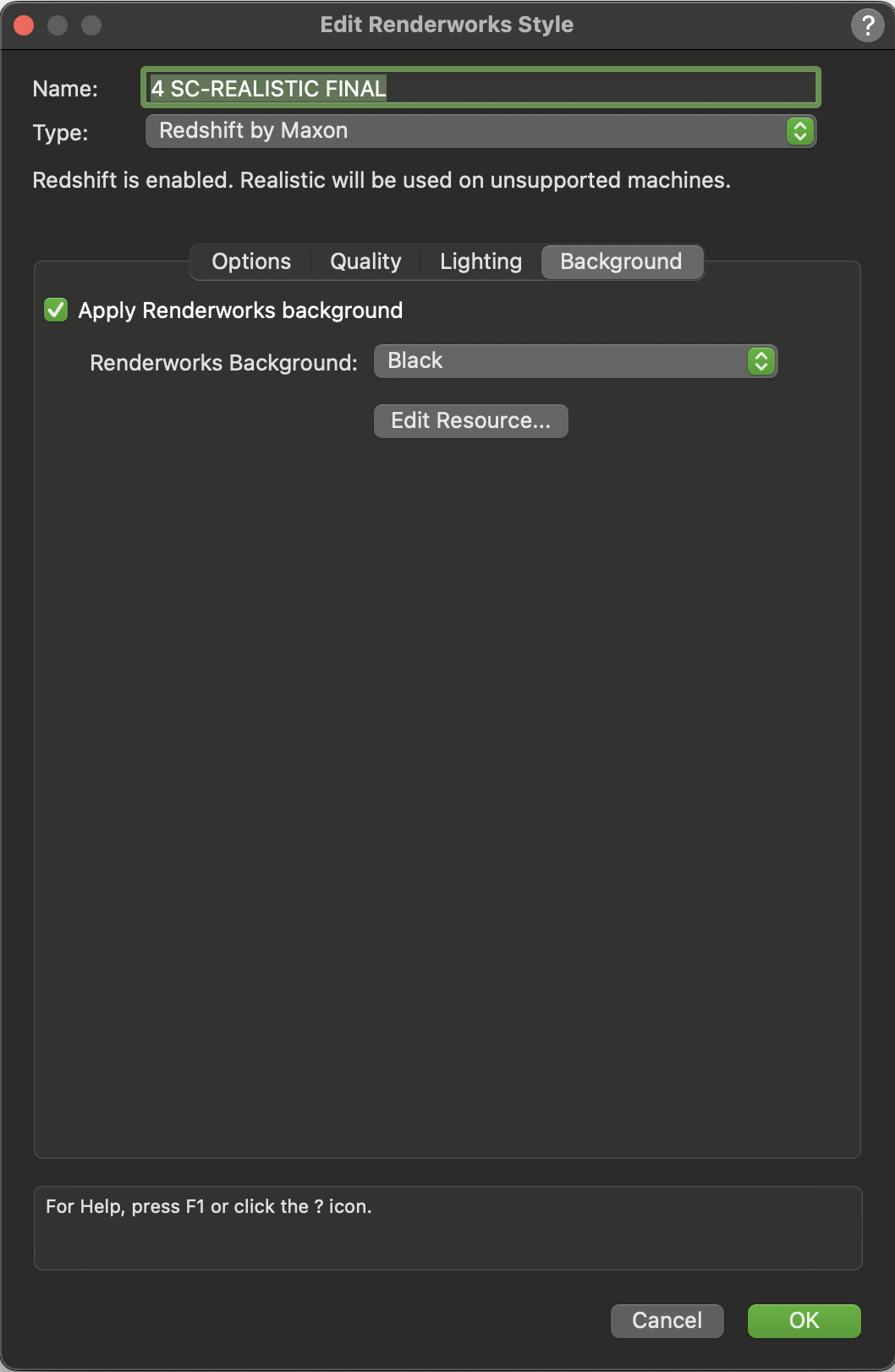 Vectorworks Edit Renderworks Style background tab with a black Renderworks background assigned.