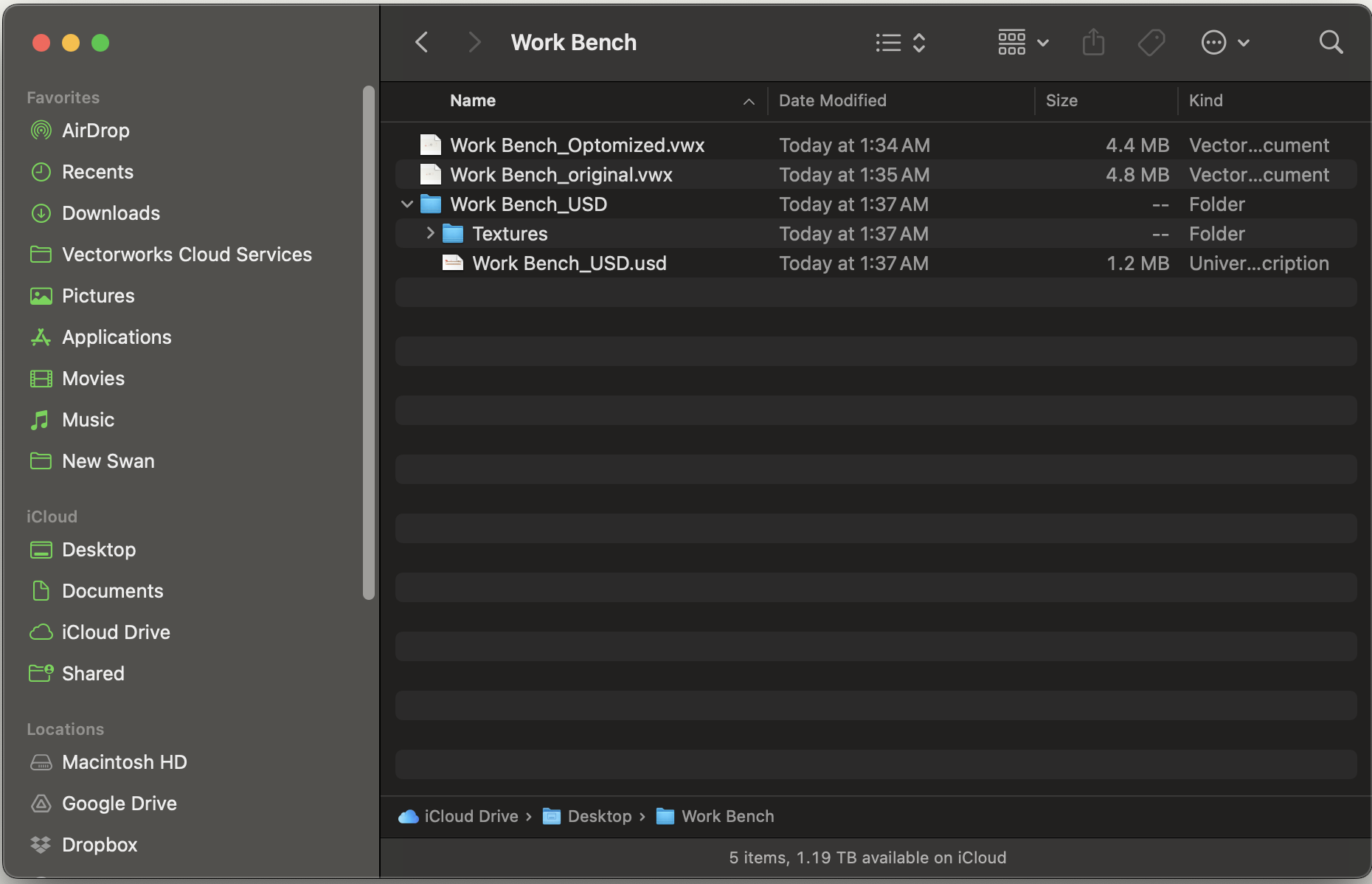 Finder view showing an optimized Vectorworks file, original Vectorworks file, and a USD export folder with textures.