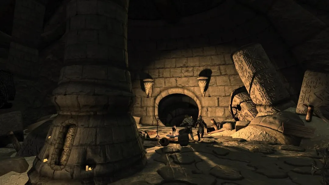 Skyrim Nordic ruins environment showing detailed stone texture weathering moss and atmospheric lighting that conveys age and history