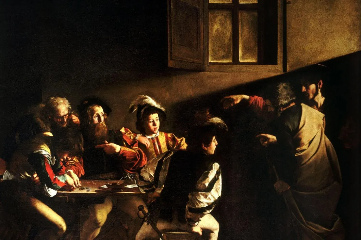 Caravaggio’s The Calling of Saint Matthew, using dramatic directional light and diagonal composition.
