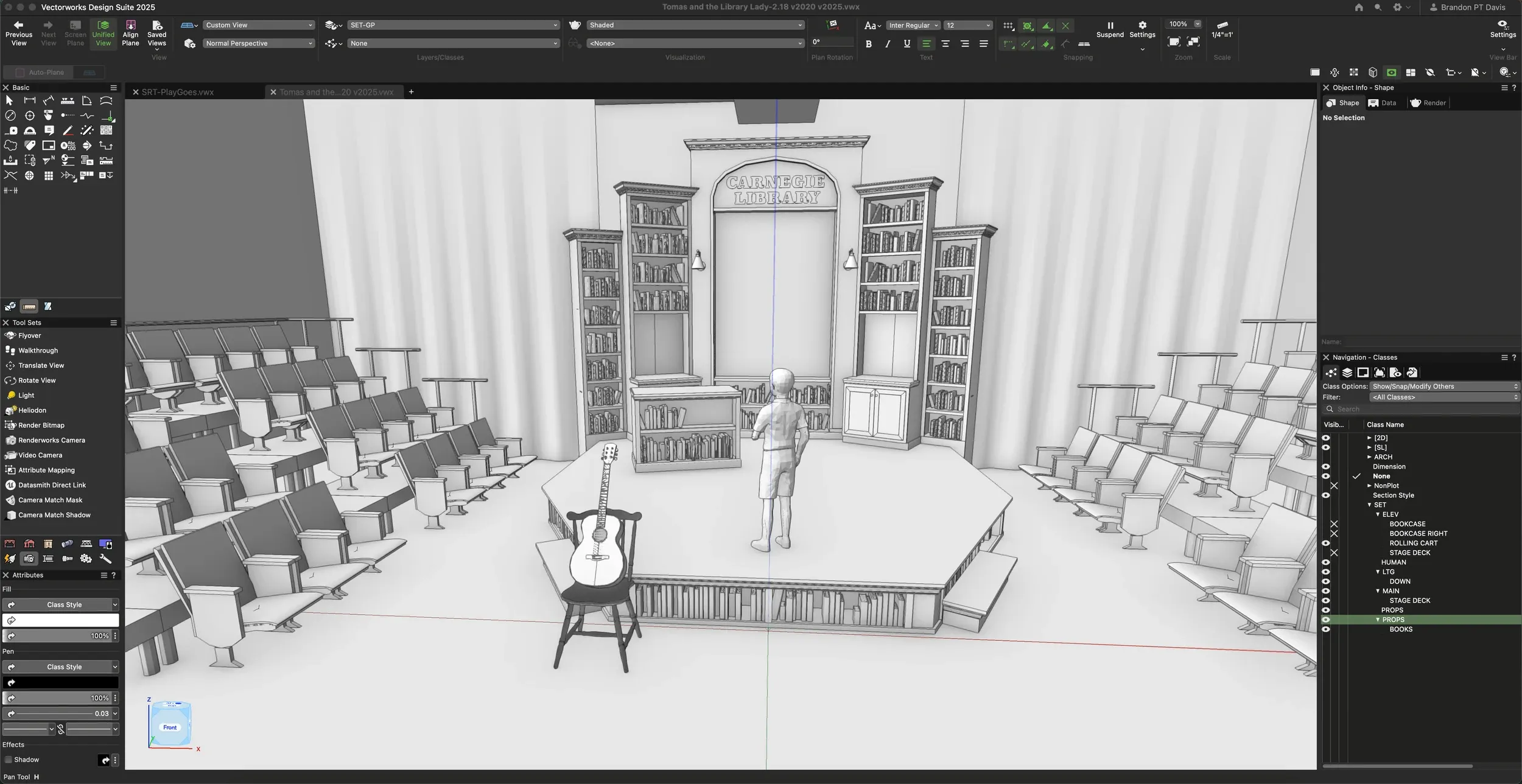 Vectorworks rendering in progress, showing layered viewports and material textures in a scenic design project.