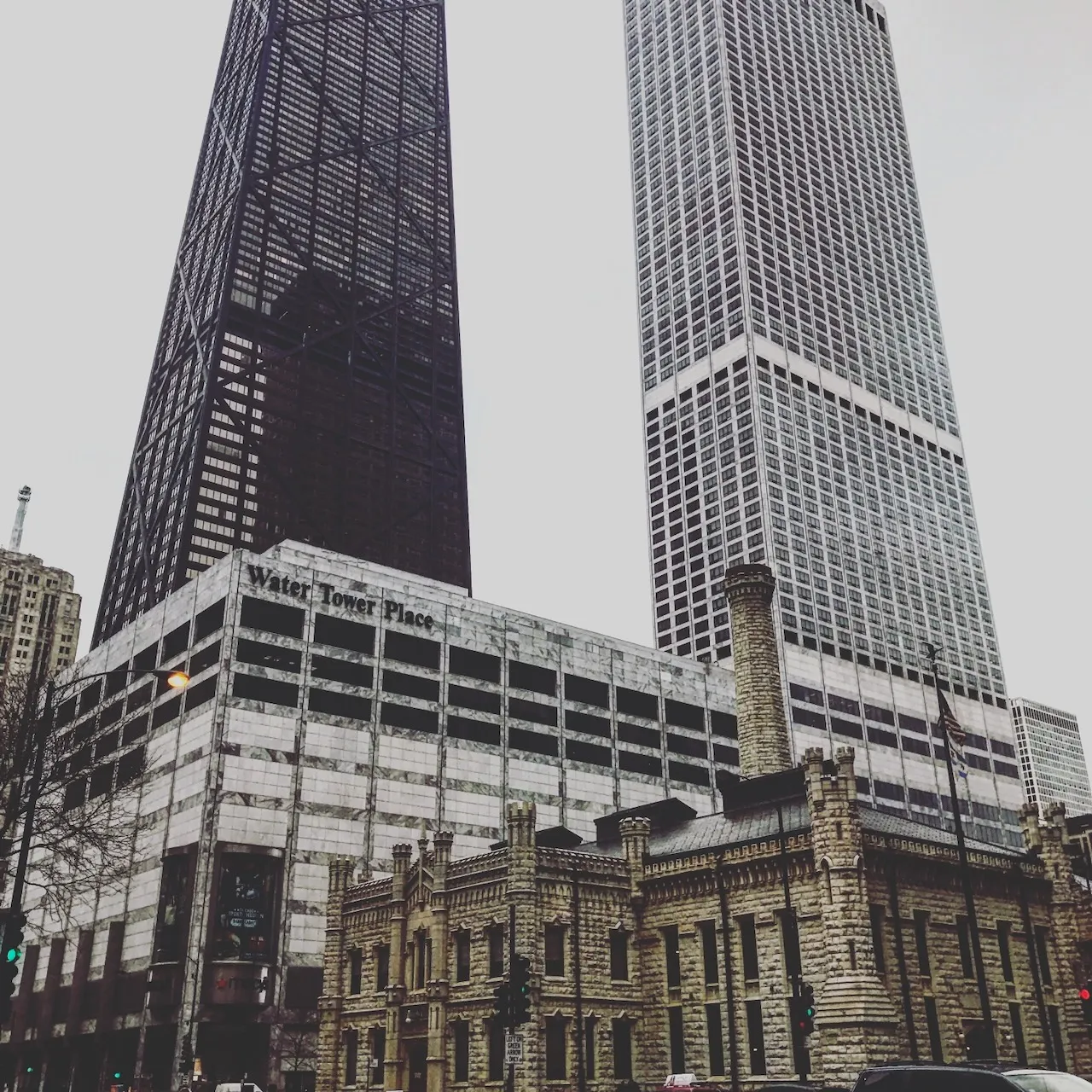 Photo of Chicago's Water Tower district with the historic Water Tower and the John Hancock building.