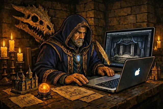 A theatrical environment with game-like spatial cues, atmospheric depth, and layered navigation.