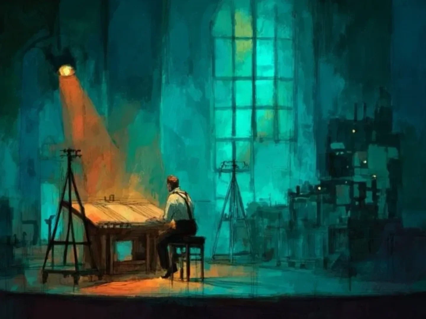 Designer seated at a drafting table under a warm spotlight inside a teal studio space.