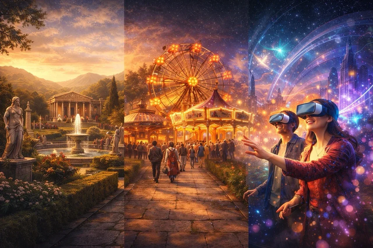 A themed entertainment montage spanning ancient gardens, immersive environments, and modern attractions.