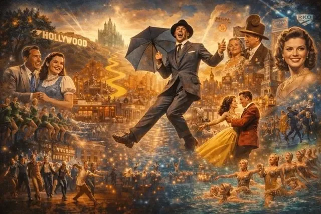 Classic Hollywood musical staging with choreography, camera movement, and theatrical set scale.