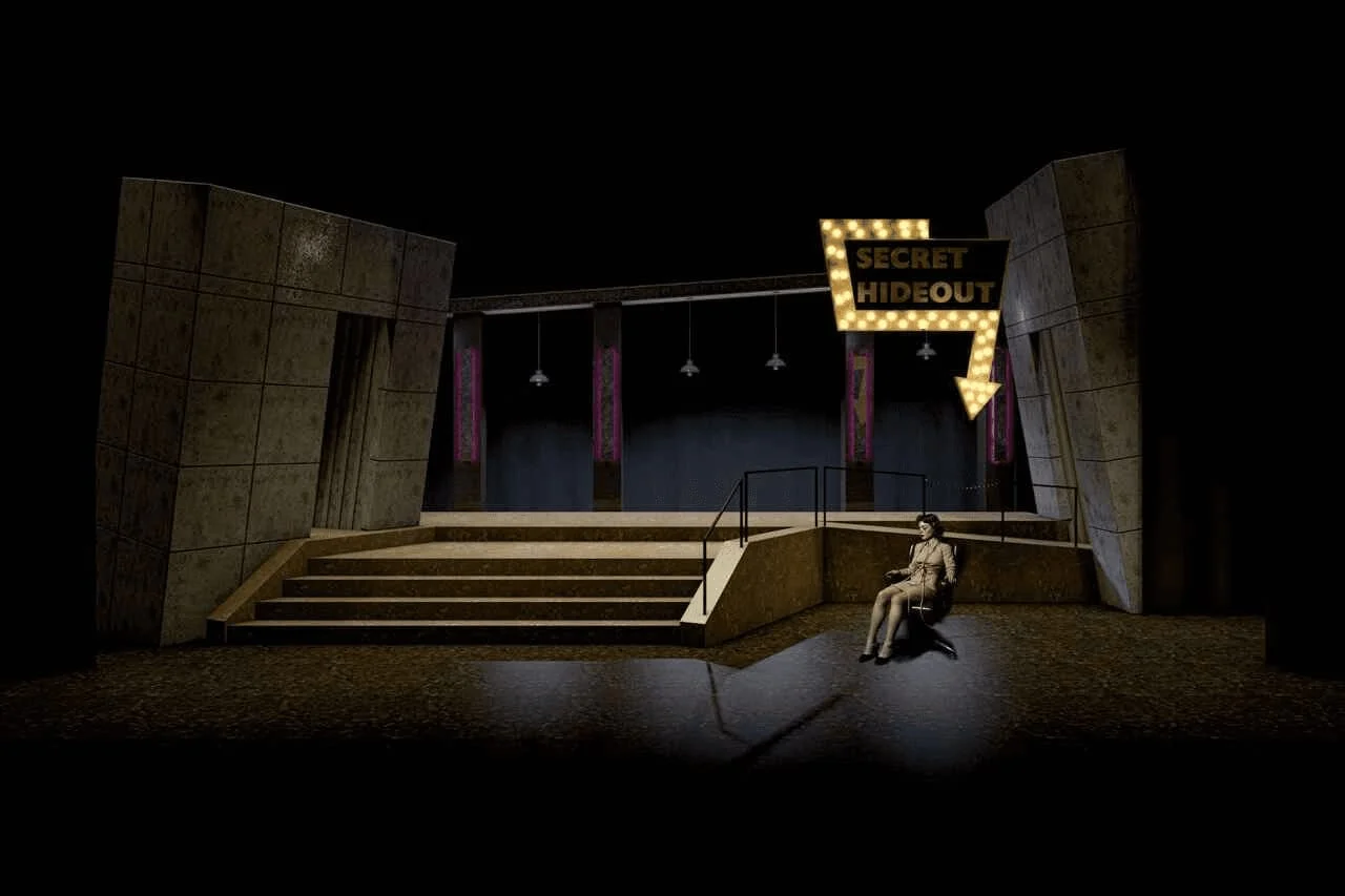 Dystopian Urinetown stage environment with layered platforms, industrial concrete textures, and a visible hierarchy of power.