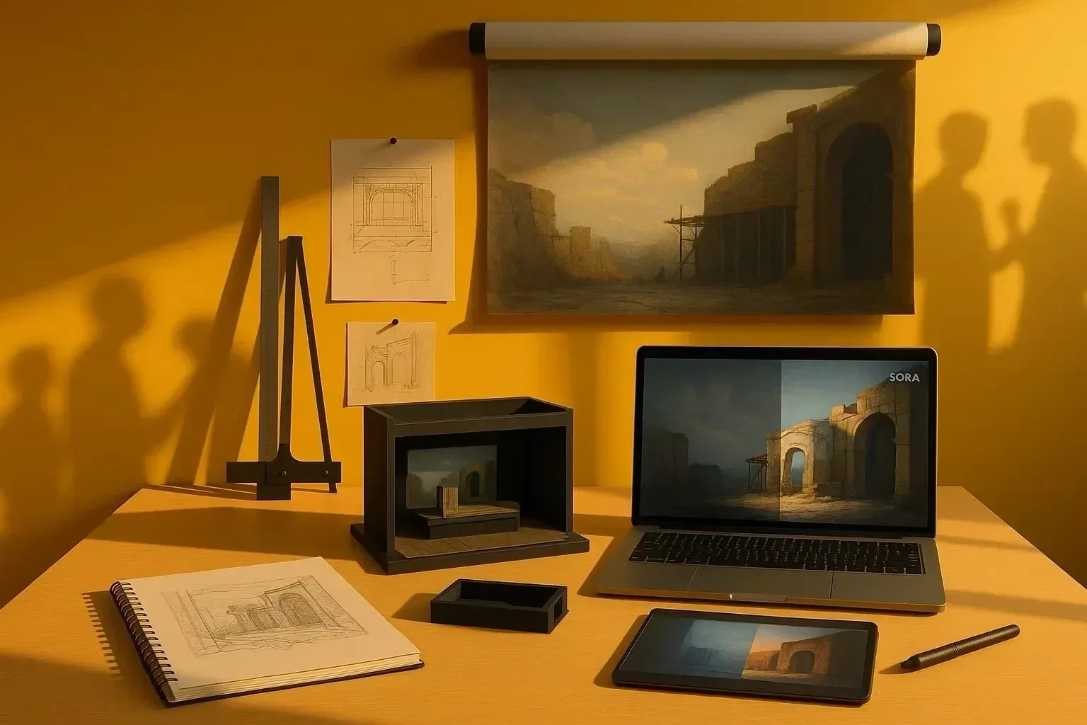 Desk with architectural sketches, a laptop, and a tablet displaying ruins against a yellow wall with shadows and drawings.