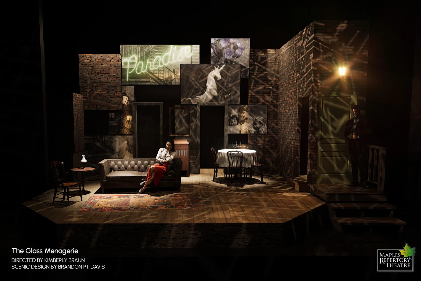 Scenic rendering for The Glass Menagerie at Maples Repertory Theatre. View 1.