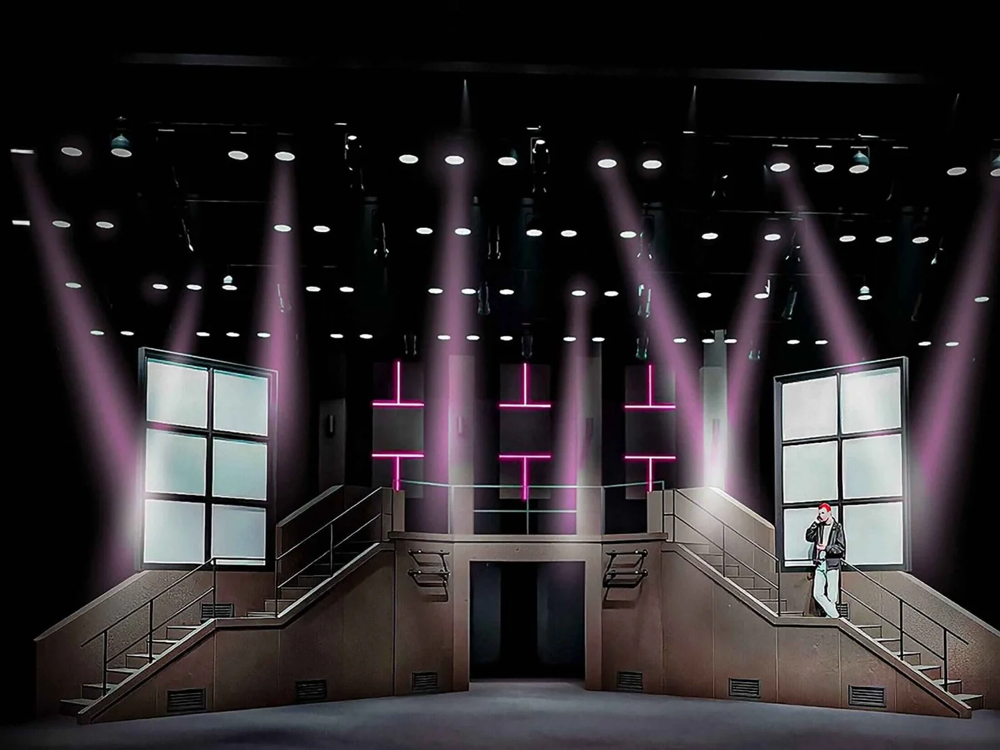 Rendering for American Idiot exploring the Southern California concrete metaphor and industrial scenic world, scenic design by Brandon PT Davis.