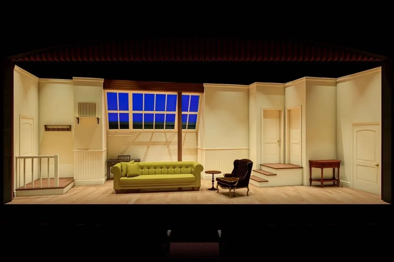 Scenic rendering for Barefoot in the Park testing the walk-up apartment layout, scenic design by Brandon PT Davis.