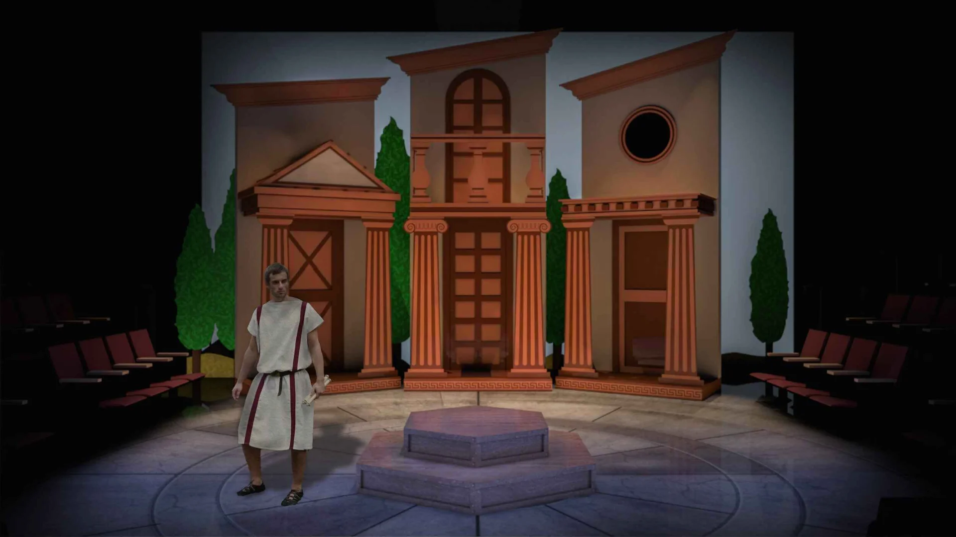 Rendering for Forum exploring the trio of Roman houses and the heightened comic world, scenic design by Brandon PT Davis.