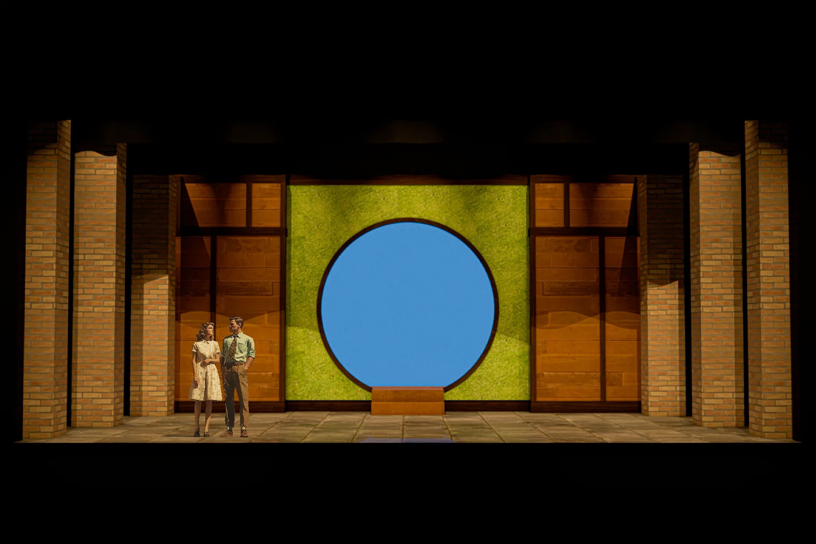 Scenic rendering for The Merry Wives of Windsor at Stephens College. View 1.