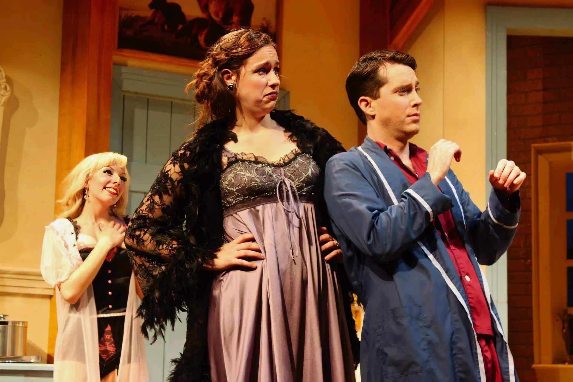 Production image from Don't Dress for Dinner highlighting exposed timber beams and rustic architectural detail, scenic design by Brandon PT Davis.