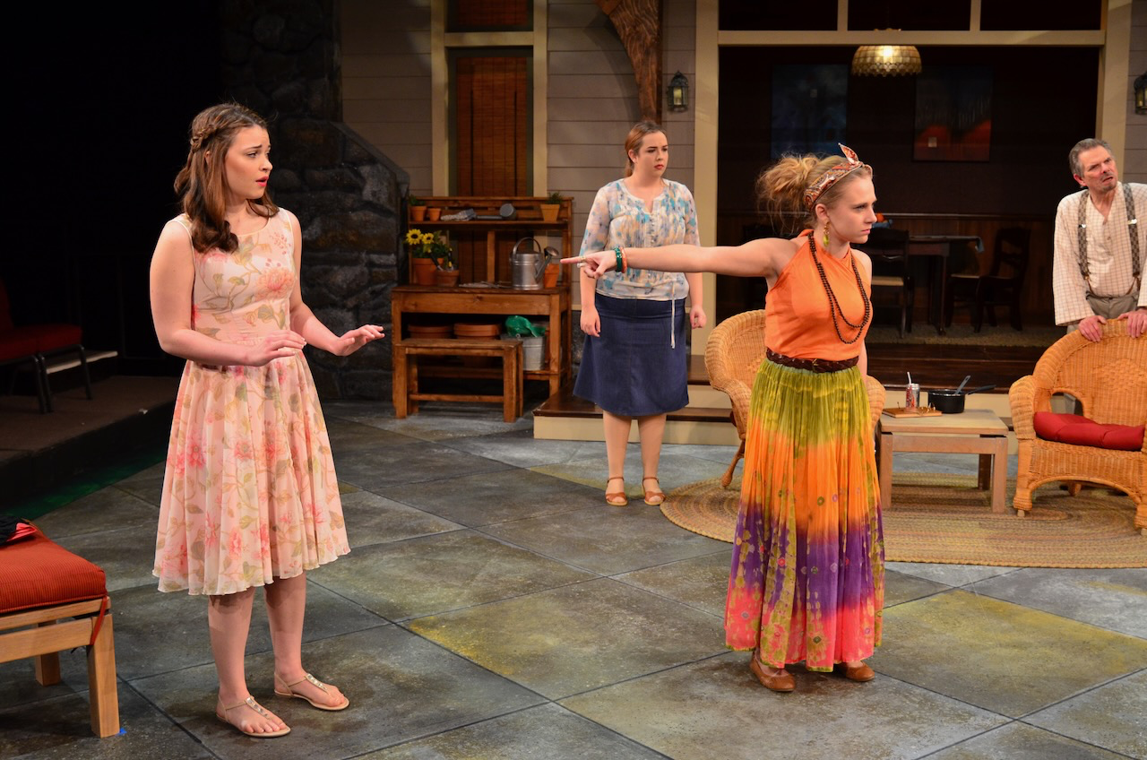 Production still from Vanya and Sonia and Masha and Spike showing the scenic environment supporting layered comic staging, scenic design by Brandon PT Davis.