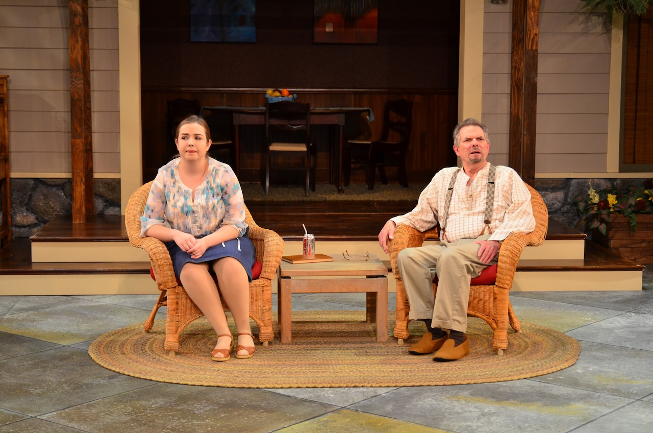 Production image from Vanya and Sonia and Masha and Spike emphasizing the warm wood tones and lived-in domestic world, scenic design by Brandon PT Davis.