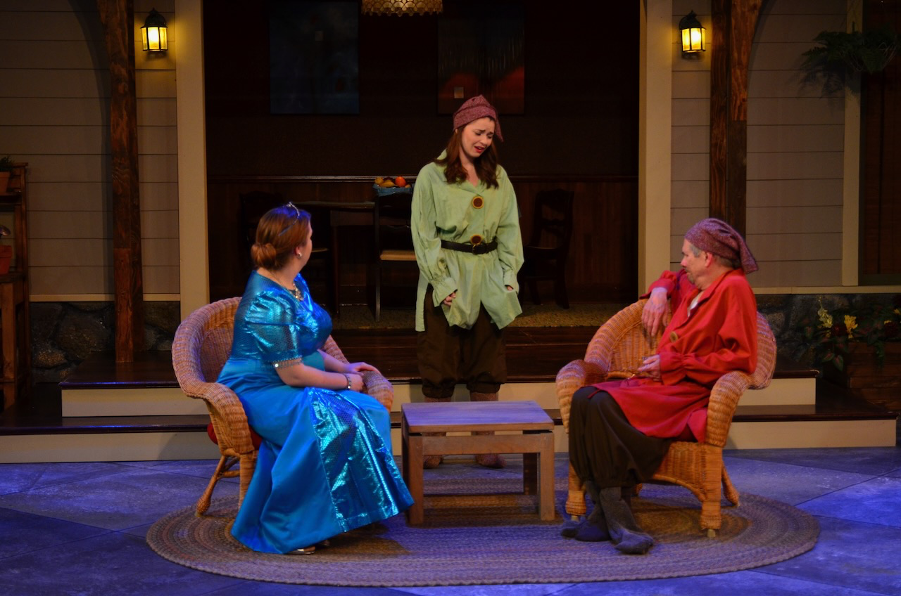 Production image from Vanya and Sonia and Masha and Spike highlighting the porch as a threshold and gathering space, scenic design by Brandon PT Davis.