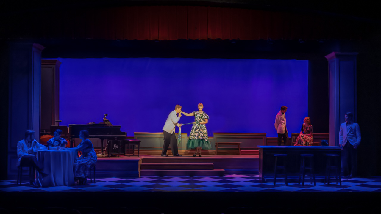 Performance image from Cole showing art deco-inspired geometry and proximity, scenic design by Brandon PT Davis.
