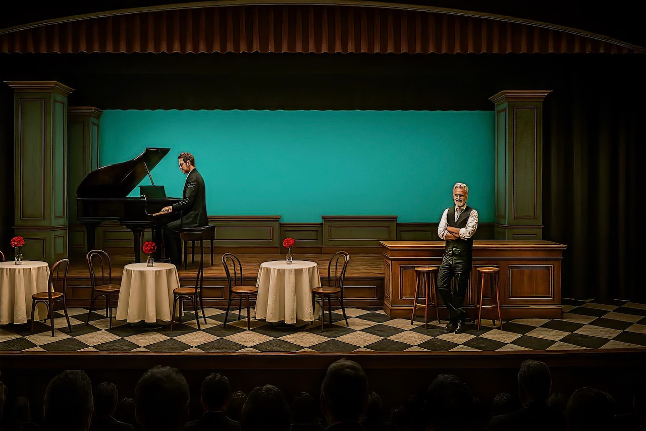 Rendering for Cole testing the jazz-age room, onstage band, and bar geometry, scenic design by Brandon PT Davis.