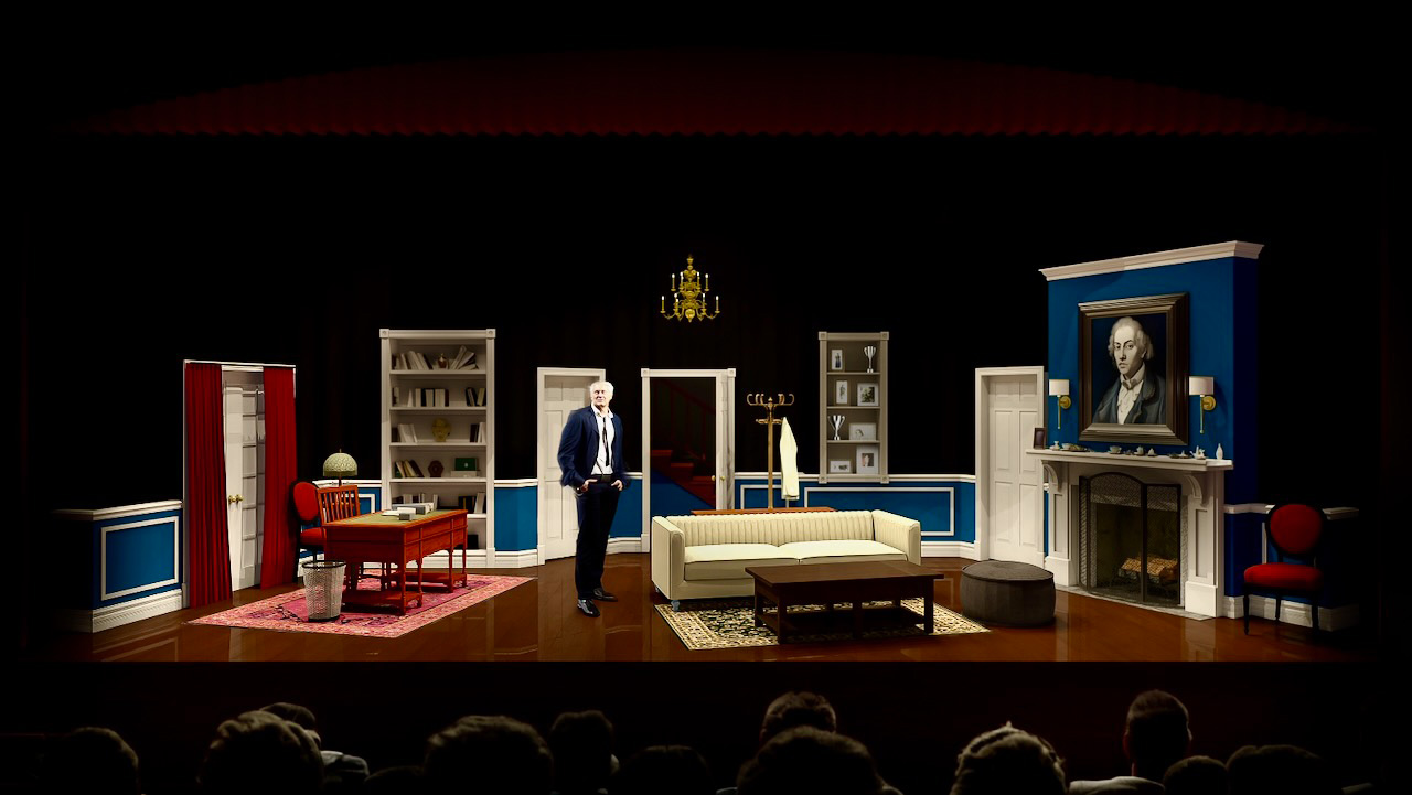 Rendering for Dial M for Murder testing the apartment layout and negative space, scenic design by Brandon PT Davis.