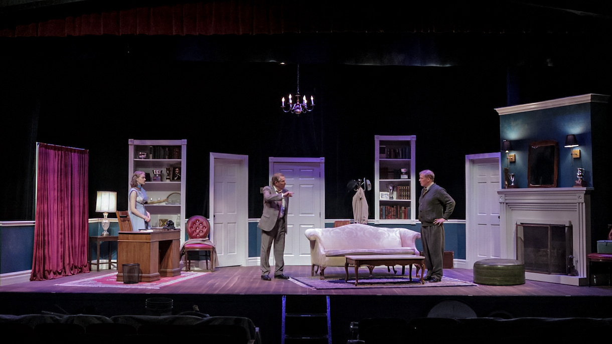 Production still emphasizing the controlled apartment palette in Dial M for Murder, scenic design by Brandon PT Davis.