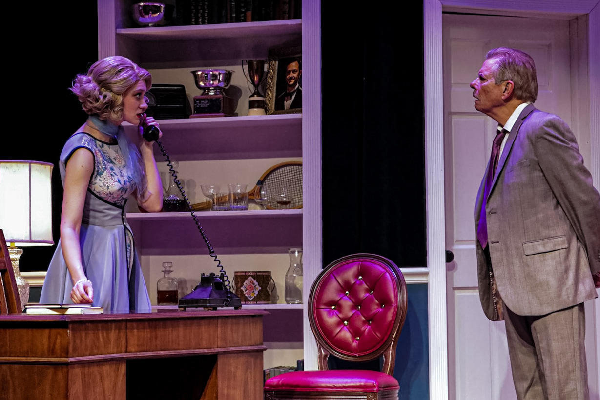 Performance image from Dial M for Murder using doors and sightlines to build suspense, scenic design by Brandon PT Davis.