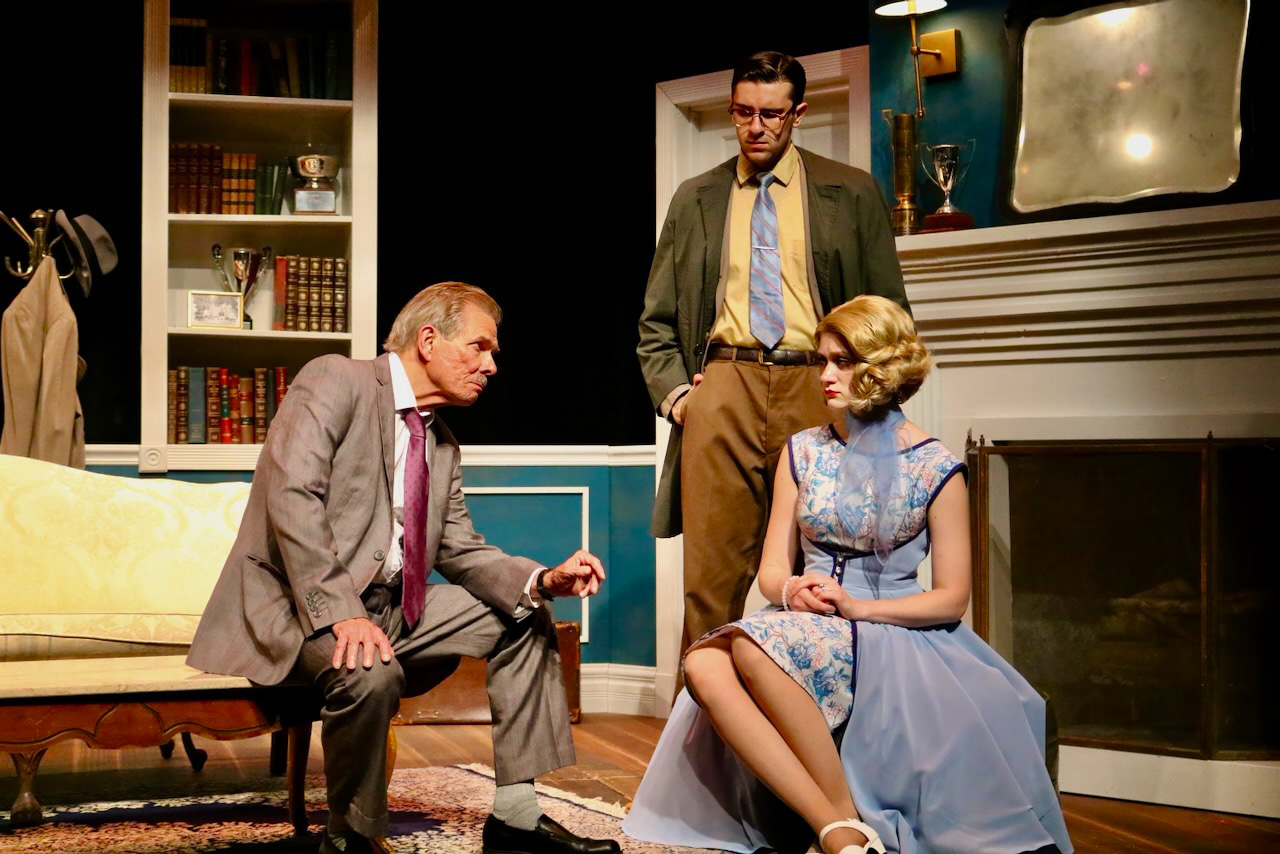 Production image from Dial M for Murder showing the apartment set in performance, scenic design by Brandon PT Davis.