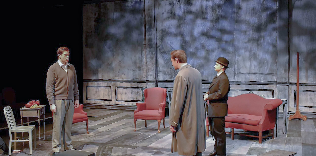 Production still emphasizing the monochrome visual language in An Enemy of the People, scenic design by Brandon PT Davis.