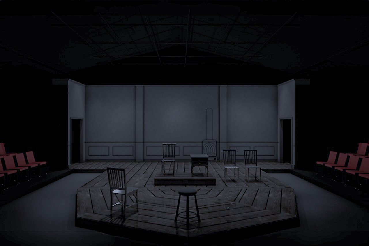 Rendering for An Enemy of the People testing the flattened grayscale environment and red focal furniture, scenic design by Brandon PT Davis.