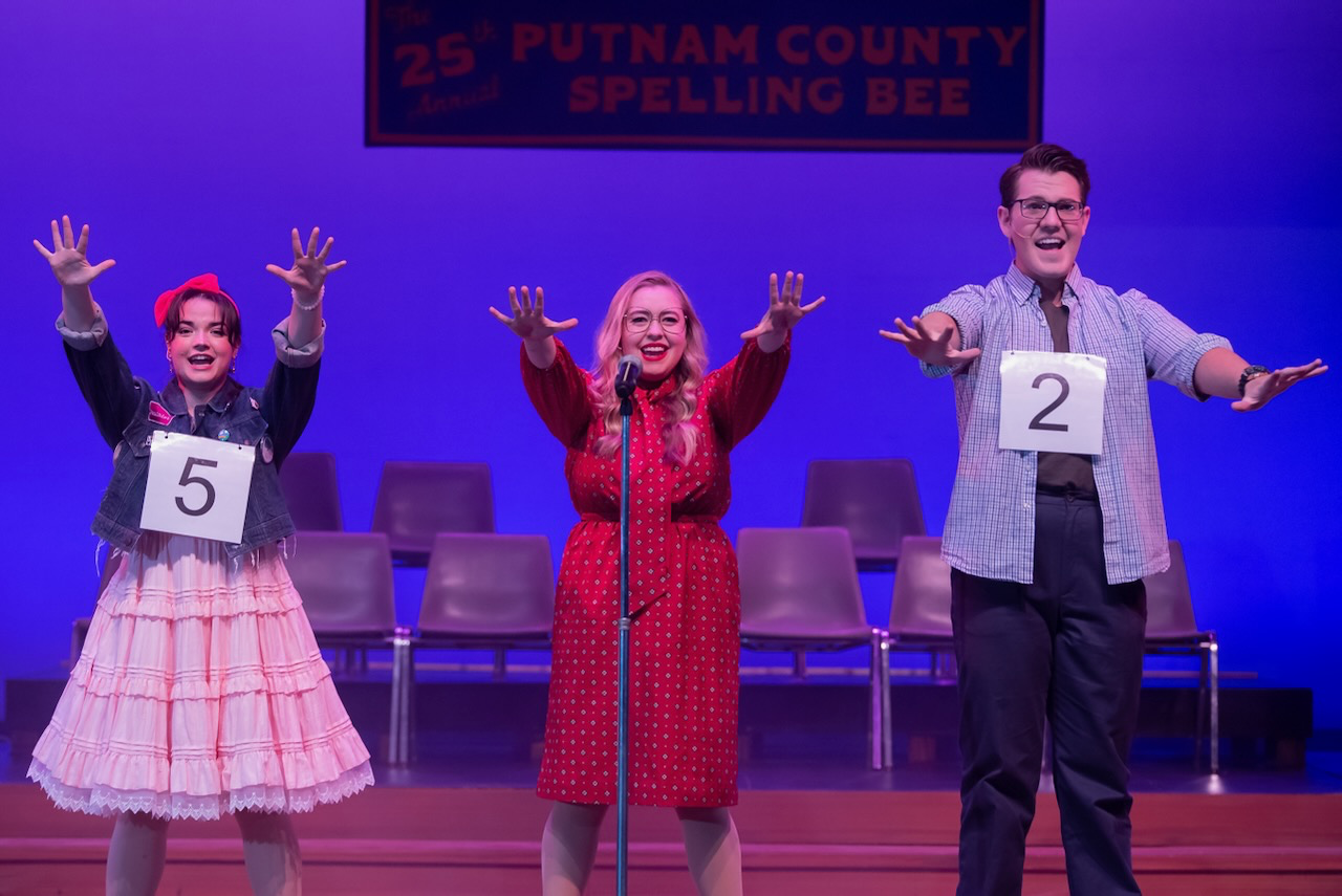 Production still emphasizing the school-gym atmosphere in Putnam County Spelling Bee, scenic design by Brandon PT Davis.