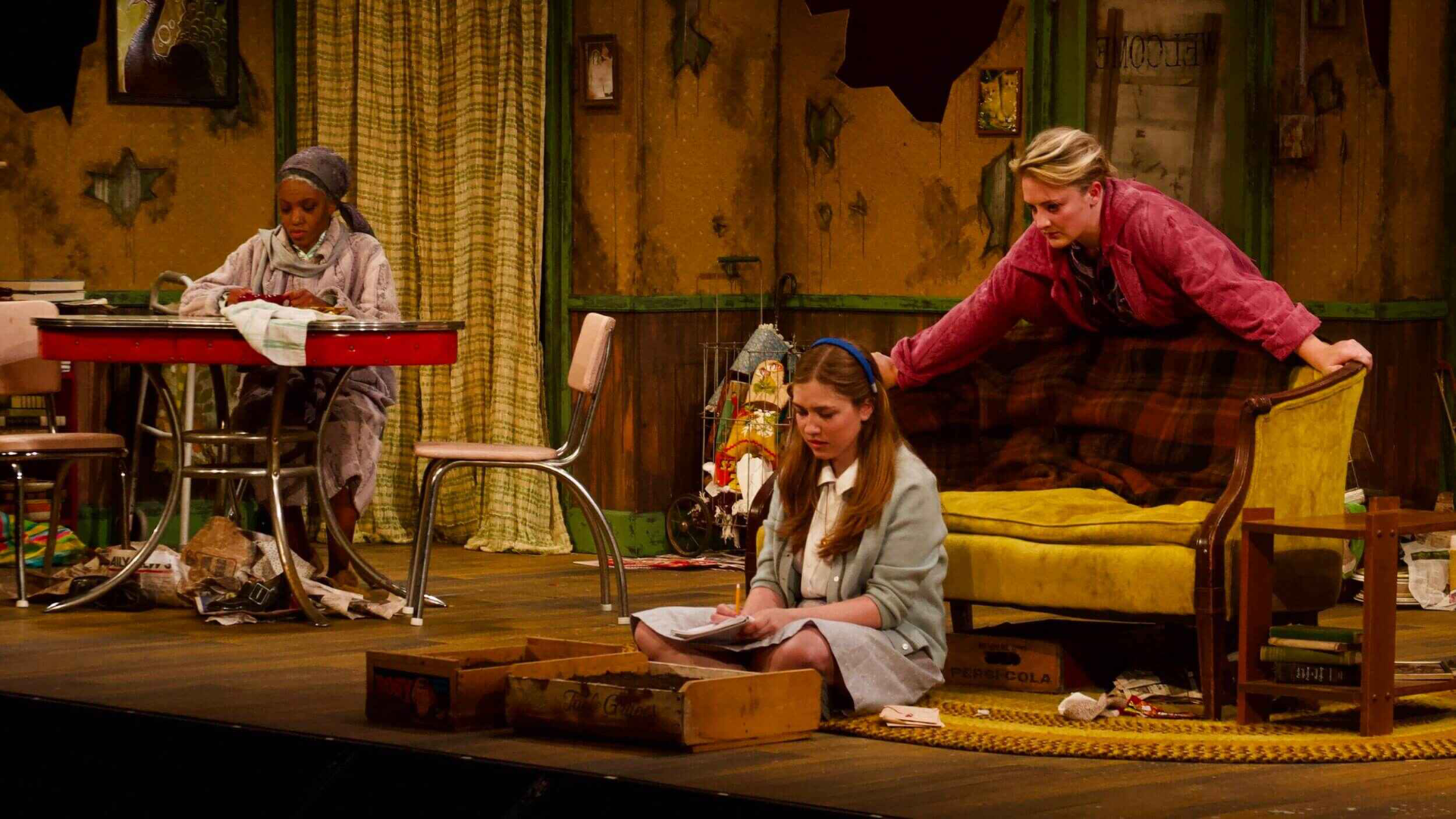 Production image from The Effect of Gamma Rays on Man-in-the-Moon Marigolds showing the distressed domestic interior, scenic design by Brandon PT Davis.