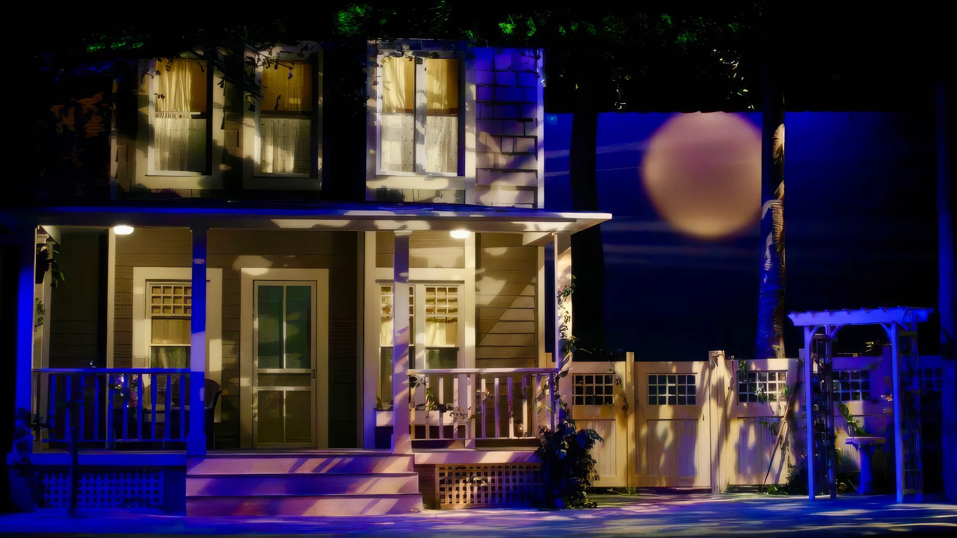 Production still from All My Sons emphasizing the ordered suburban environment, scenic design by Brandon PT Davis.