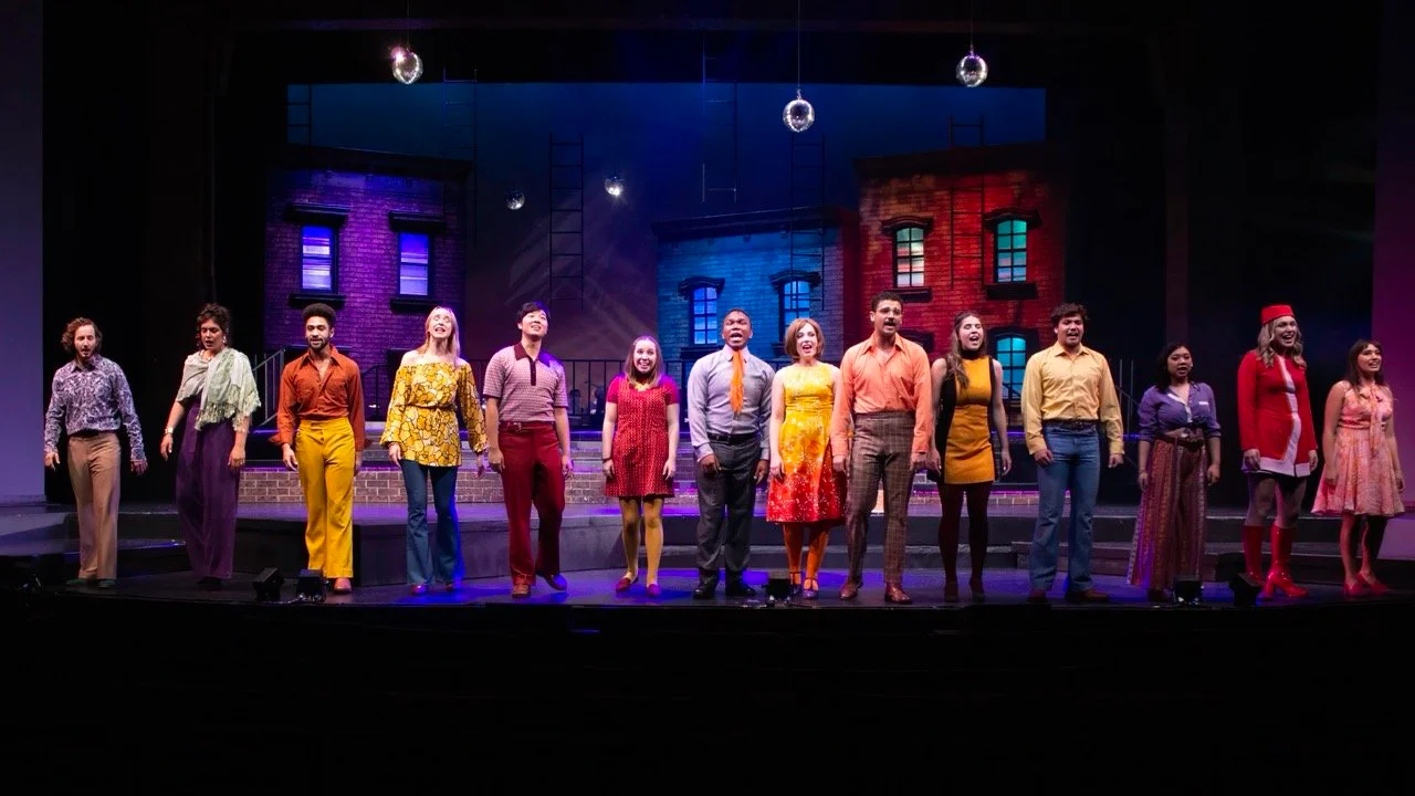 Performance image from Company showing stoops, levels, and shifting emotional proximity, scenic design by Brandon PT Davis.