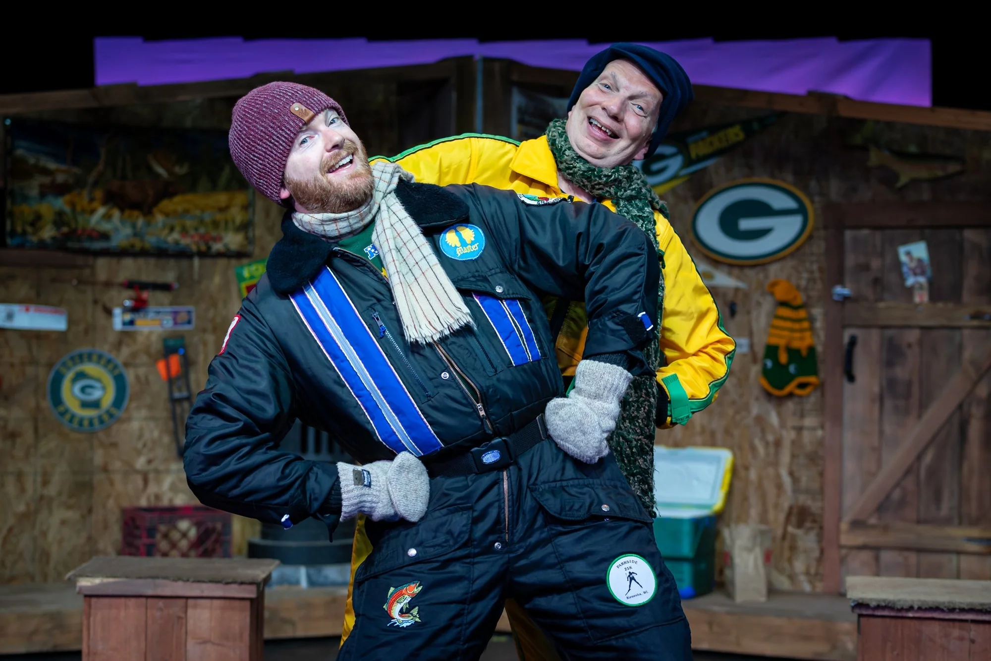 Wide stage view showing environment and actor pathways in Guys on Ice, scenic design by Brandon PT Davis.