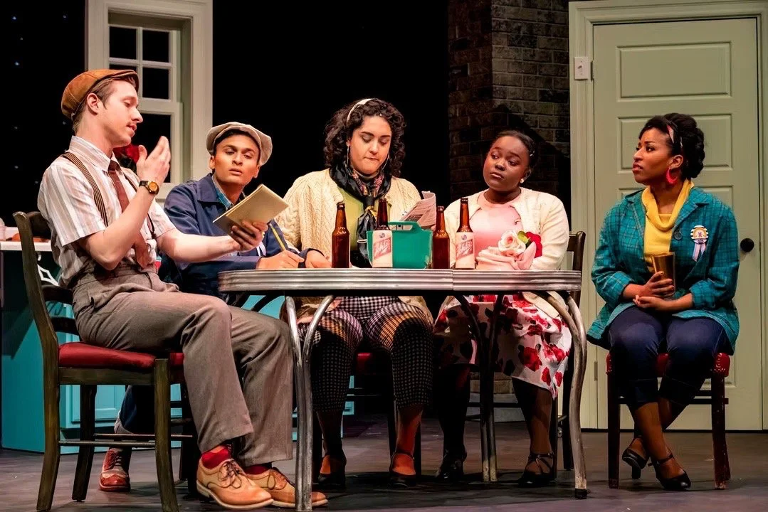 Performance image from The Pajama Game showing modular scenic units in motion, scenic design by Brandon PT Davis.