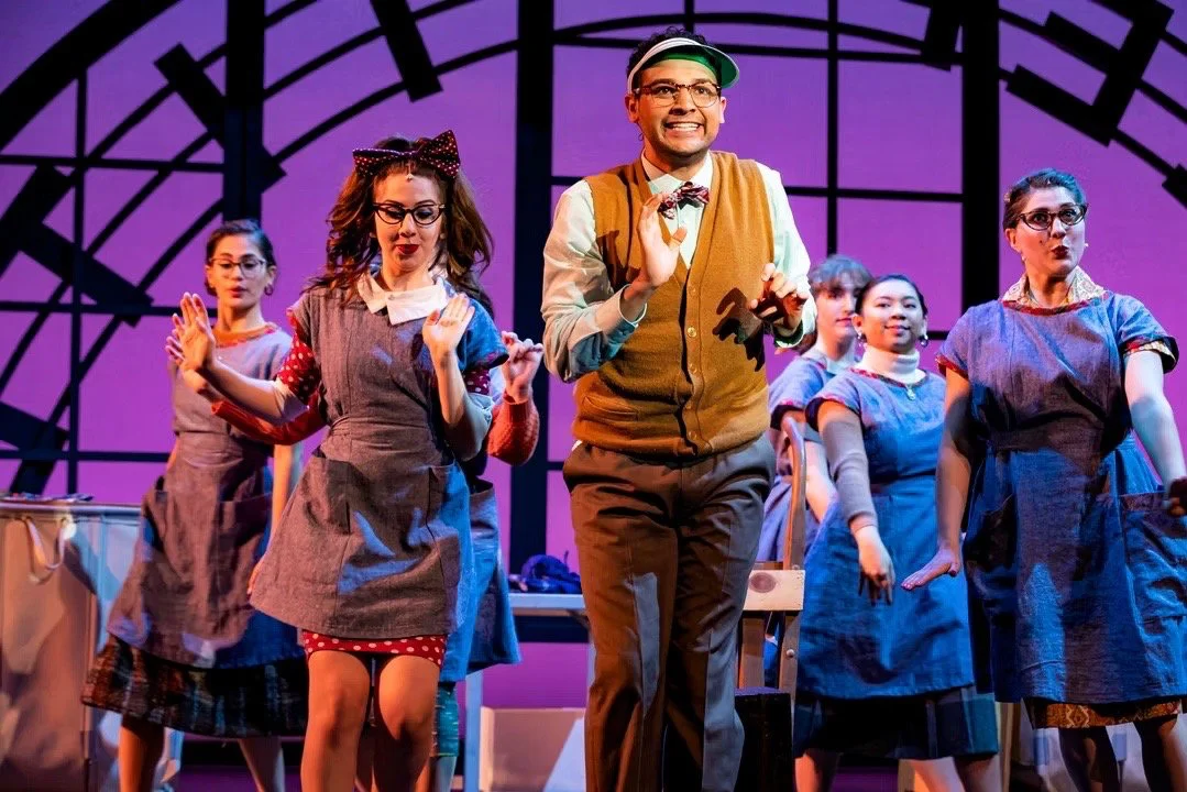 Production image from The Pajama Game reinforcing the postwar factory energy, scenic design by Brandon PT Davis.