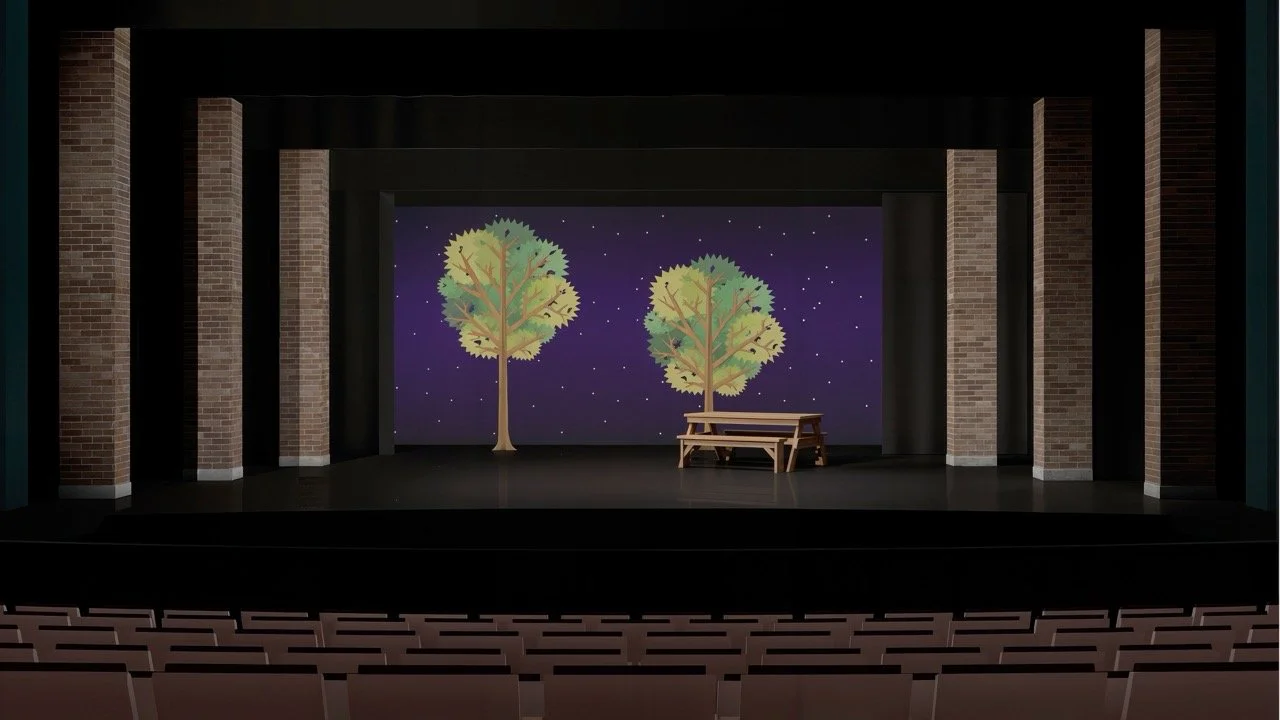 Rendering for The Pajama Game exploring signage, movement paths, and period theatricality, scenic design by Brandon PT Davis.