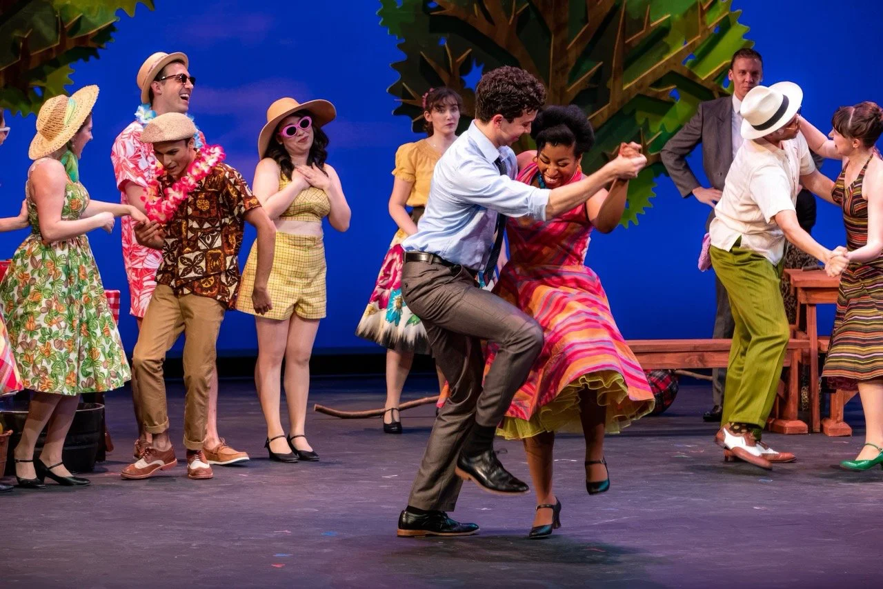 Production image from The Pajama Game highlighting the adaptability of the modular set, scenic design by Brandon PT Davis.