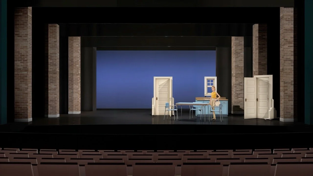 Rendering for The Pajama Game showing the Sleep-Tite world with bold period signage, scenic design by Brandon PT Davis.
