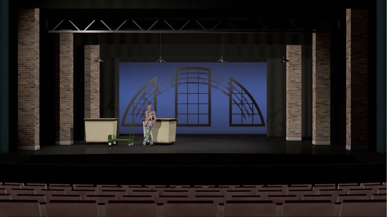 Final rendering for The Pajama Game capturing the lively factory world and musical energy, scenic design by Brandon PT Davis.