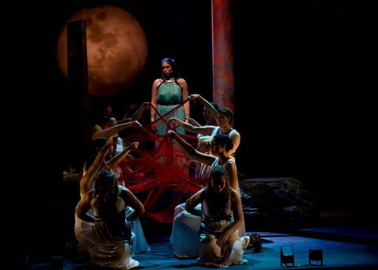 Scene from The Penelopiad emphasizing chorus visibility and mythic geometry, scenic design by Brandon PT Davis.