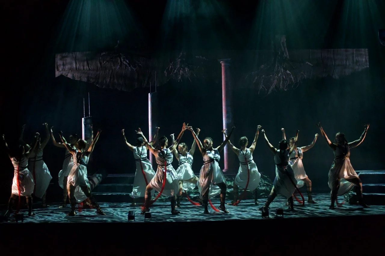 Production still from The Penelopiad showing the scenic architecture as container and witness, scenic design by Brandon PT Davis.