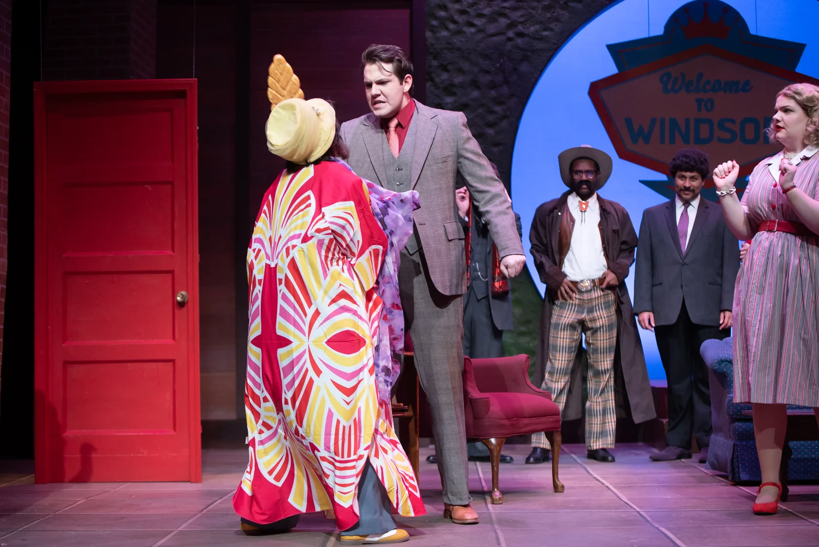 Production image from The Merry Wives of Windsor showing the shared scenic environment, scenic design by Brandon PT Davis.