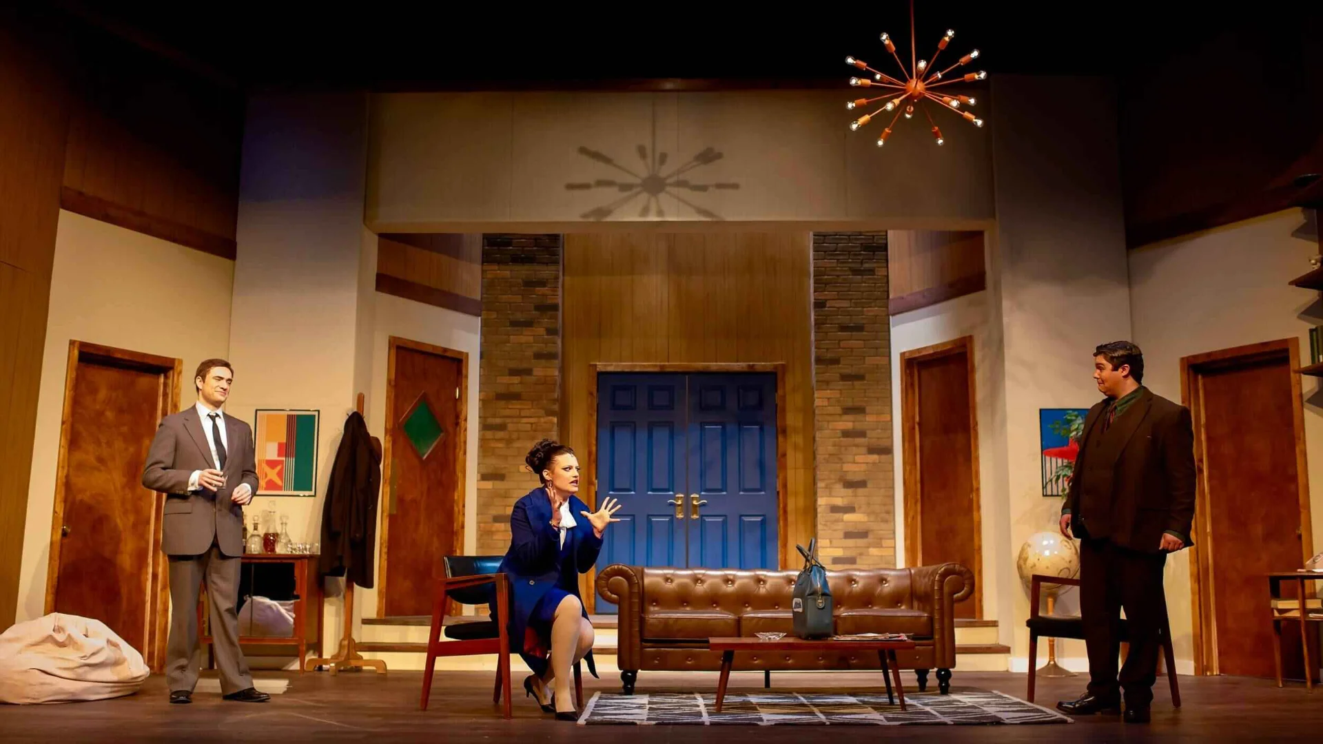 Production still from Boeing, Boeing highlighting the central living room composition, scenic design by Brandon PT Davis.