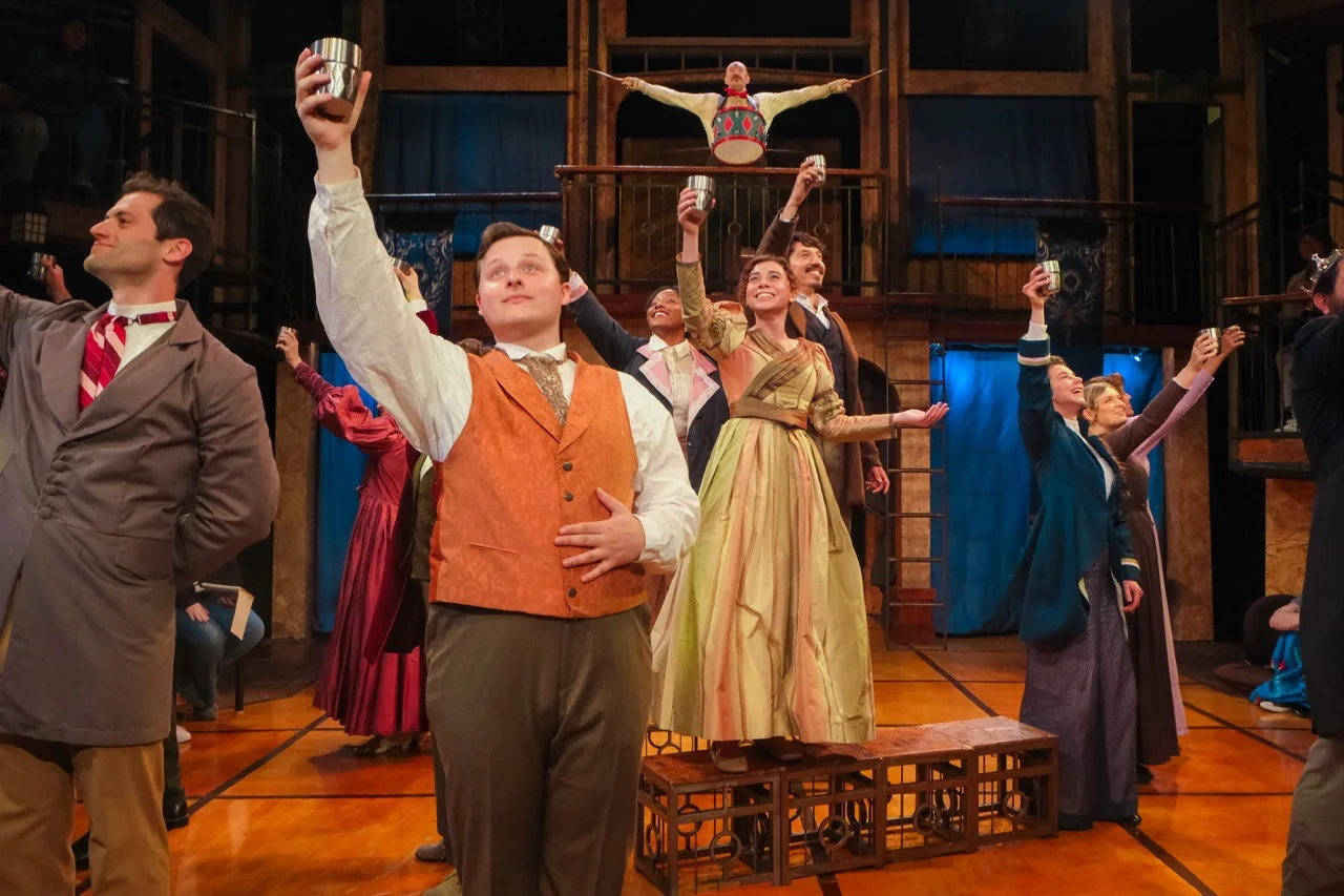 Production image from All's Well That Ends Well at New Swan with cast and scenic world visible, scenic design by Brandon PT Davis.